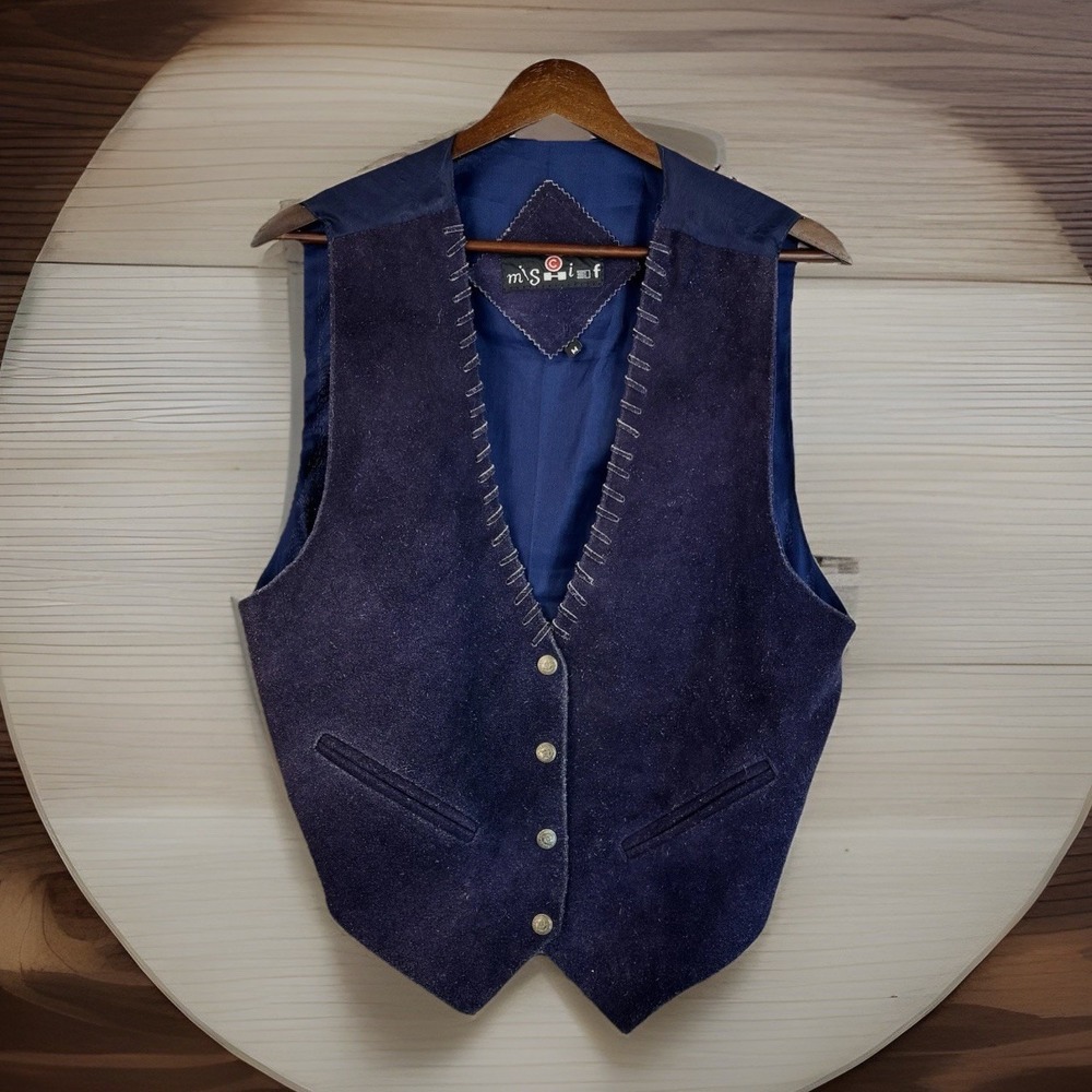 Vintage Blue Suede Leather Vest M Sheriff‎ Silver Buttons Western Rancher Cowboy